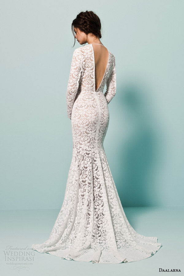 daalarna bridal 2015 pearl long sleeve v neck crochet lace wedding dress mermaid silhouette back view