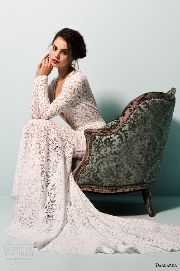 daalarna bridal 2015 pearl long sleeve v neck crochet lace wedding dress