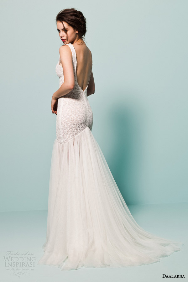 daalarna bridal 2015 pearl sleeveless fit flare mermaid lace bodice v neck straps wedding dress low back view daalarna bridal 2015 pearl sleeveless fit flare mermaid lace bodice v neck straps wedding dress low back view