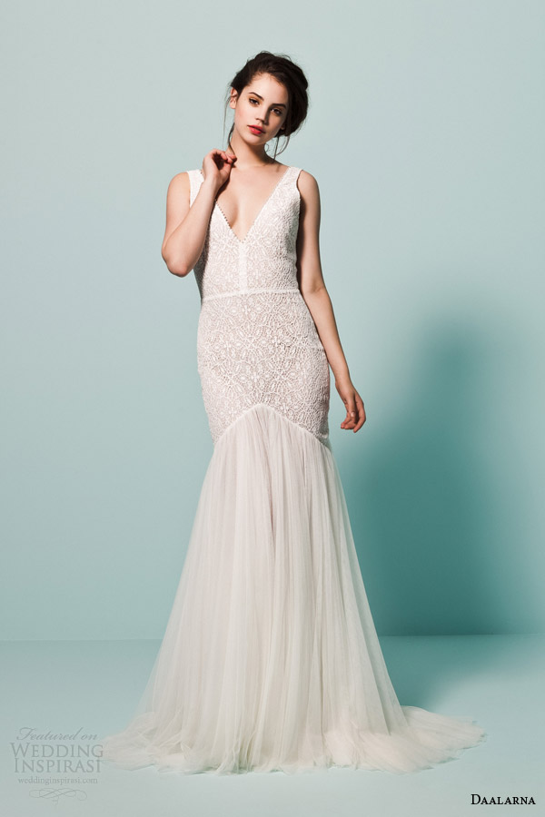 daalarna bridal 2015 pearl sleeveless fit flare mermaid lace bodice v neck straps wedding dress