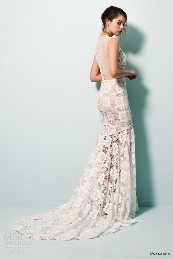 daalarna bridal 2015 pearl sleeveless v neck mermaid wedidng dress guipure crochet lace illusion back view