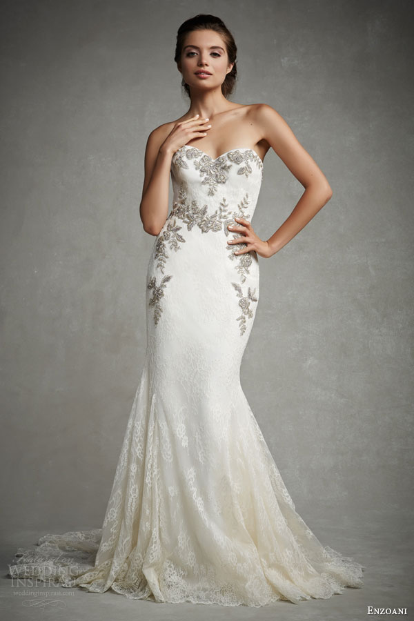 enzoani bridal 2015 jocelyn strapless chantilly lace mermaid wedding dress sweetheart neckline with beaded embroideries