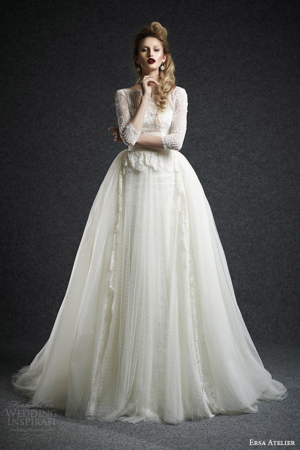 ersa atelier fall 2015 bridal leda wedding dress sleeves bateau neckline dotted tulle overskirt