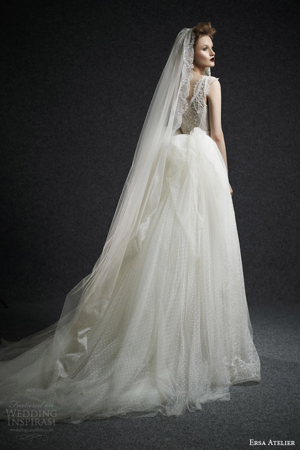 ersa atelier fall 2015 bridal maeve cap sleeve a line wedding dress lace dotted tulle skirt v neckline back view