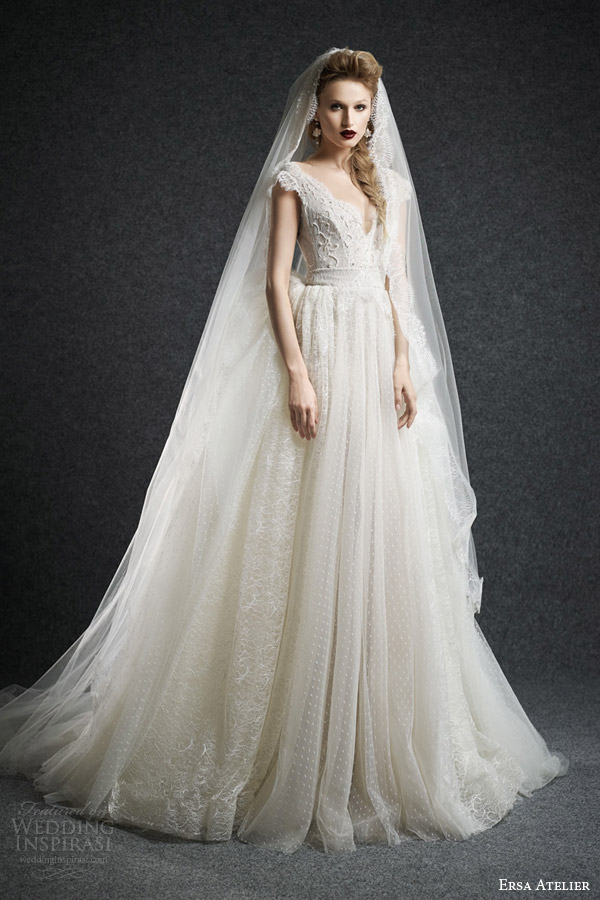 ersa atelier fall 2015 bridal maeve cap sleeve a line wedding dress lace dotted tulle skirt v neckline