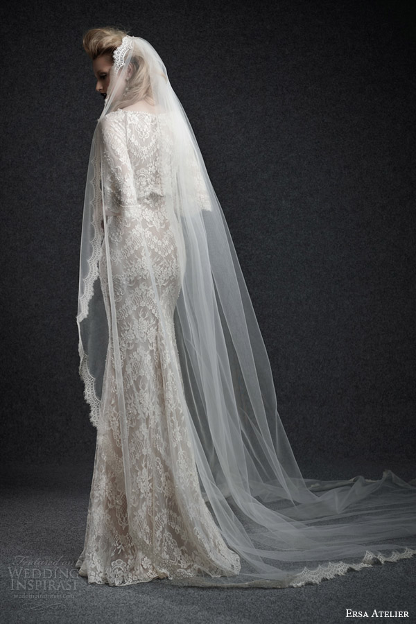 ersa atelier fall 2015 bridal niobe wedding dress lace high neck half sleeves sheath back view veil