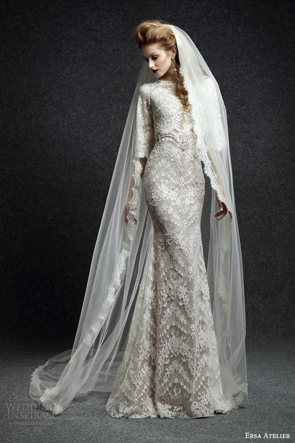 ersa atelier fall 2015 bridal niobe wedding dress lace high neck half sleeves sheath