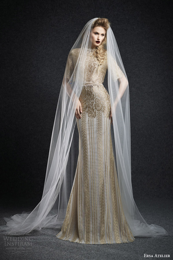 ersa atelier fall 2015 eleonor gold lace wedding dress half sleeves high neckline sheath