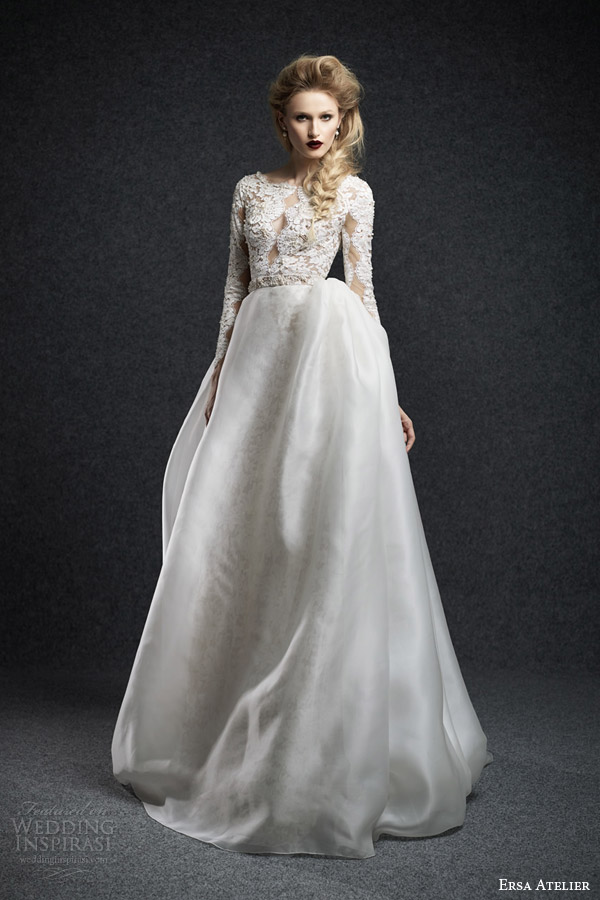 ersa atelier fall 2015 ena long sleeve wedding dress lace illusion bodice sheer overlay skirt