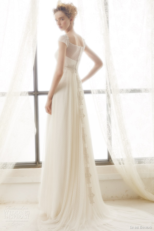 ir de bundo bridal 2015 liz illusion cap sleeve wedding dress empire waist drape a line skirt back view trrain