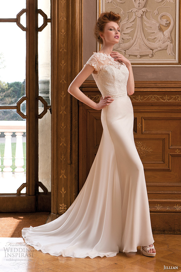 jillian 2015 wedding dress short sleeve sheer neckline lace bodice sheath bridal gown
