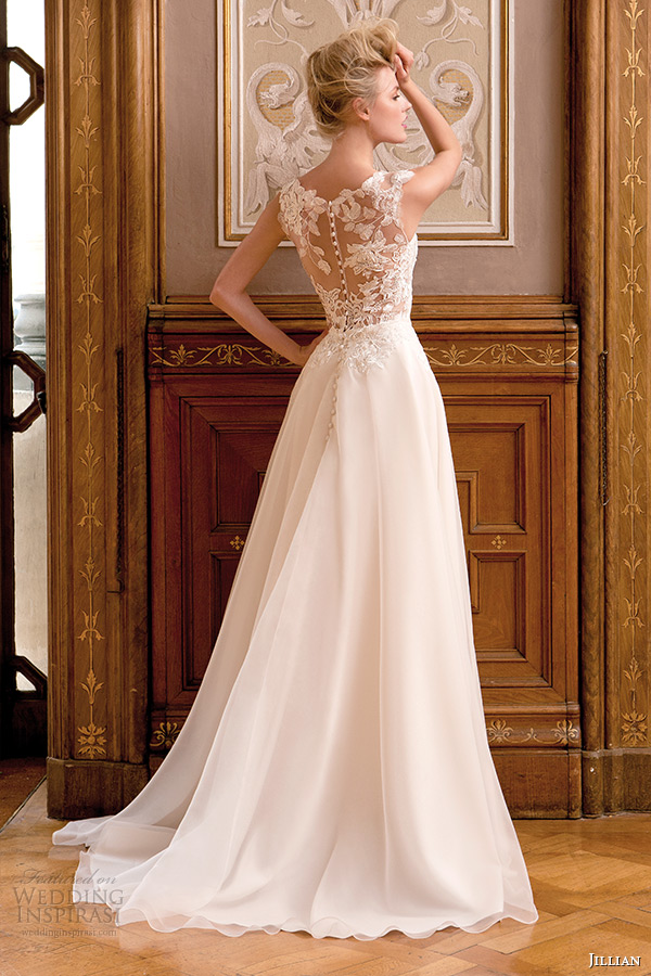 jillian 2015 wedding dress sleeveless bateau sheer neckline lace bodice a line bridal gown back view