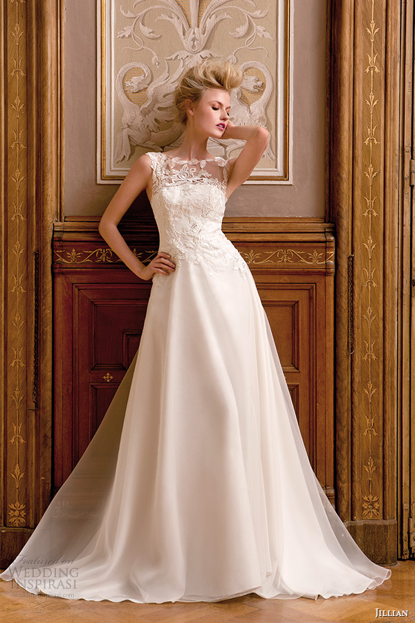 jillian 2015 wedding dress sleeveless bateau sheer neckline lace bodice a line bridal gown