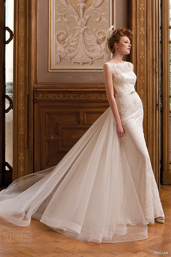 jillian 2015 wedding dress sleeveless bateau sheer neckline lace sheath bridal gown watteau train