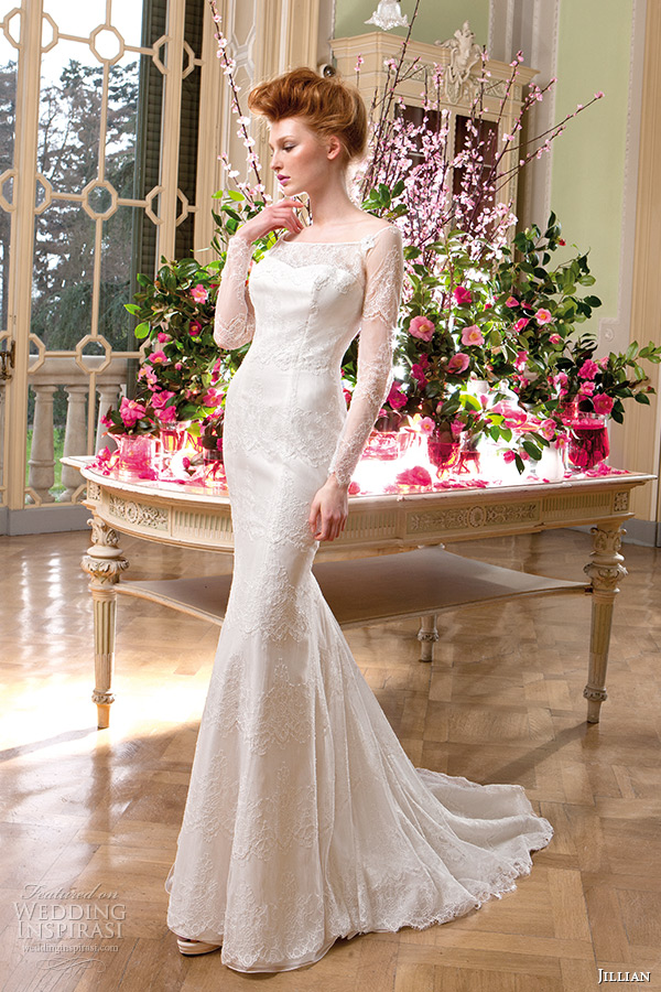 jillian 2015 wedding dress square neckline long sleeve sheath bridal gown watteau train