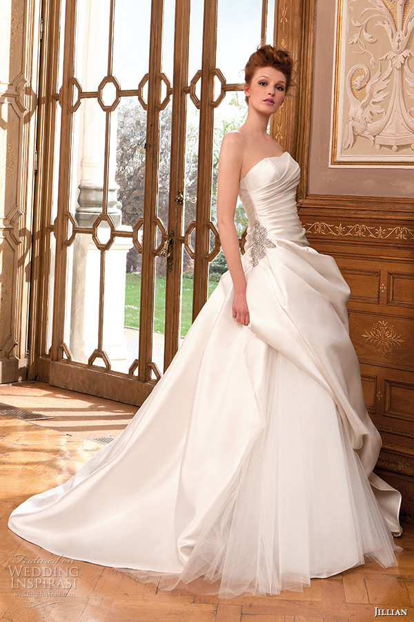 jillian 2015 wedding dress strapless semi sweetheart side brooch gathered ball gown