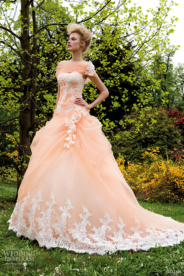 jillian 2015 wedding dress strapless sweetheart neckline corset bodice peach color gathered ball gown