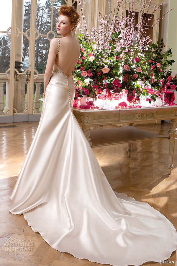 jillian 2015 wedding dress v neck ivory satin a line bridal gown watteau train