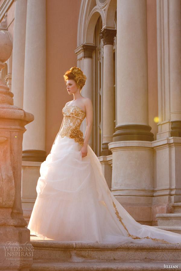 jillian sposa bridal 2015 strapless sweetheart ball gown wedding dress gold lace bodice