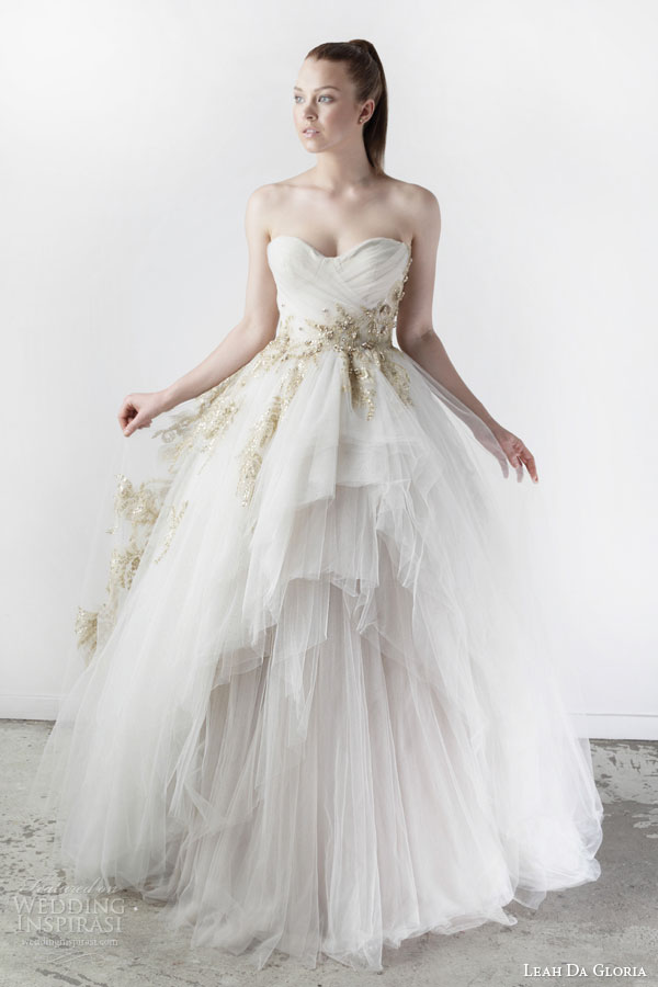 leah da gloria bridal spring 2015 blair strapless ball gown wedding dress embellished gold accents