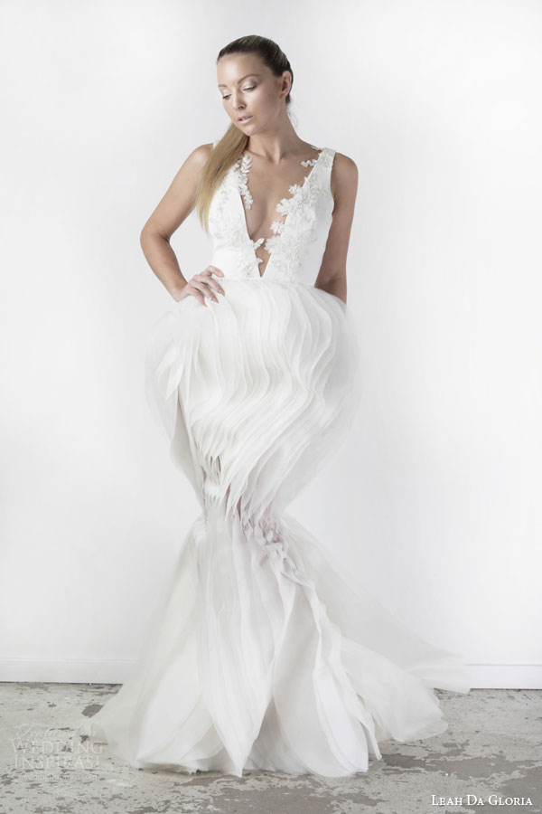leah da gloria spring 2015 holland sleeveless mermaid wedding dress flange skirt illusion deep v neckline