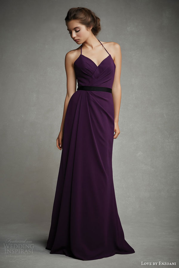 love enzoani 2015 bridesmaids dress style g02 orchid aubergine purple halter straps ruched bodice black grosgrain ribbon belt