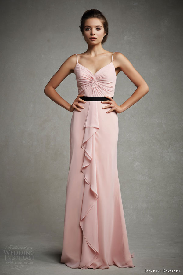 love enzoani 2015 elegant bridesmaids dress style g01 powder pink straps ruched neckline black grosgrain ribbon ruffle