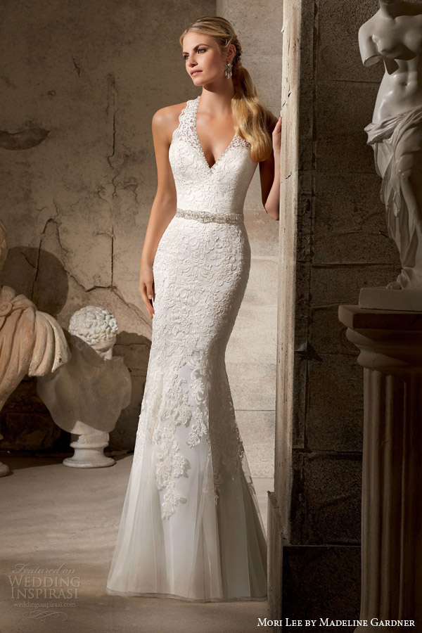 mori lee bridal fall 2015 halter v neck scalloped strap mermaid wedding dress embroidered appliques style 2712