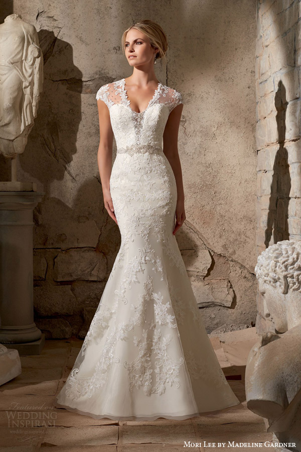 mori lee fall 2015 bridal illusion cap sleeve mermaid wedding dress style 2706 venice lace appliques diamante beading