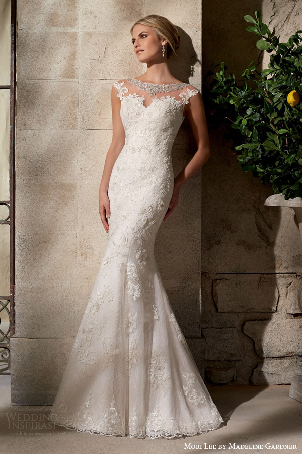 mori lee fall 2015 bridal illusion cap sleeve wedding dress embroidered appliques style 2702