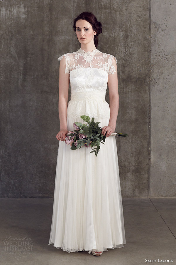 sally lacock 2014 bridal separates wedding dress rosemary skirt verbena cap sleeve lace top high neck front view