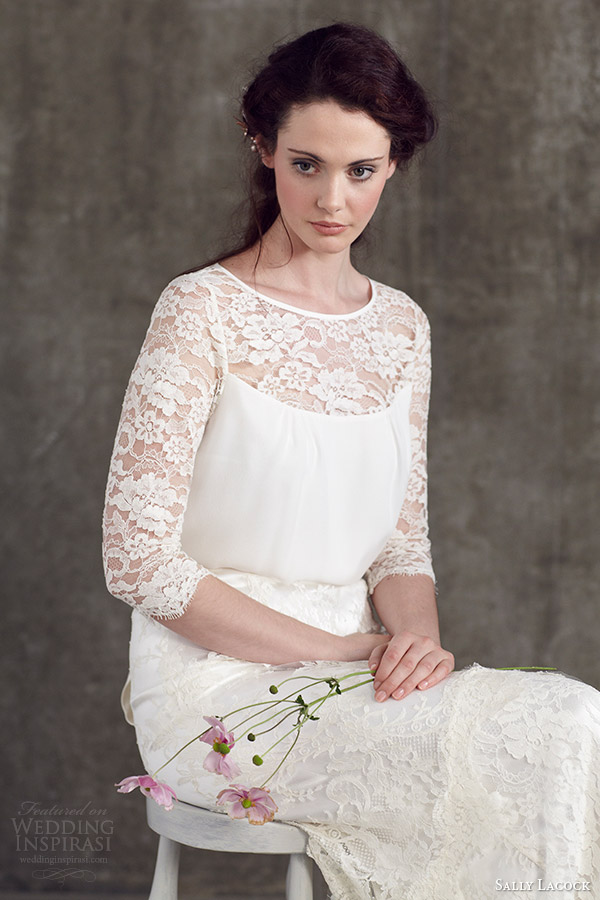 sally lacock wedding dresses 2014 bridal separates stevia three quarter sleeve lace top cicely lace skirt close up