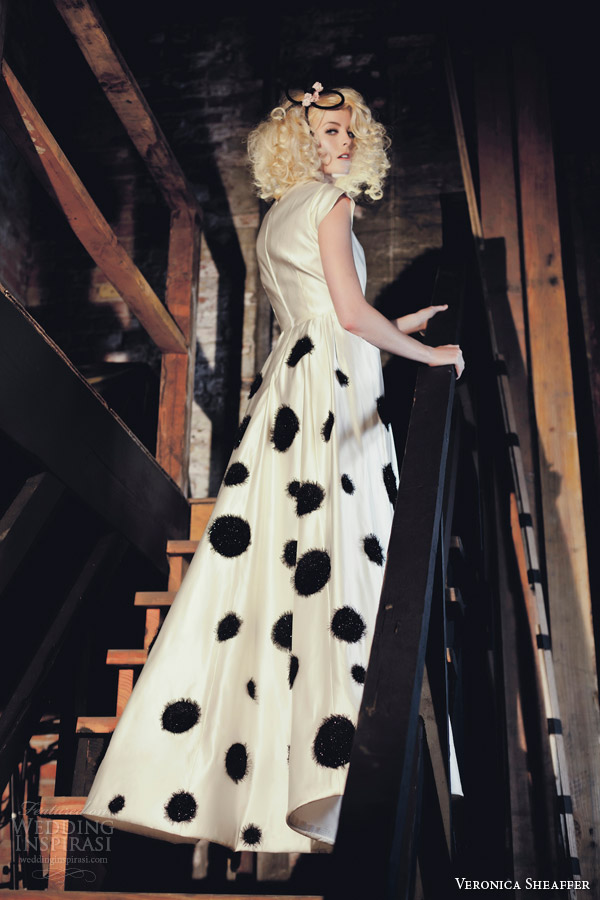 veronica sheaffer bridal fall 2015 elsa cap sleeve wedding dress black eyelash polka dot skirt