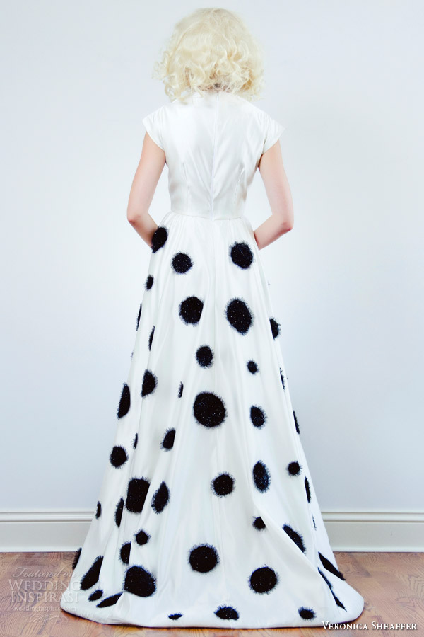 veronica sheaffer bridal fall 2015 style elsa cap sleeve wedding dress eyelash black polka dot skirt back view