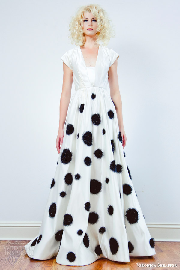 veronica sheaffer bridal fall 2015 style elsa cap sleeve wedding dress eyelash black polka dot skirt