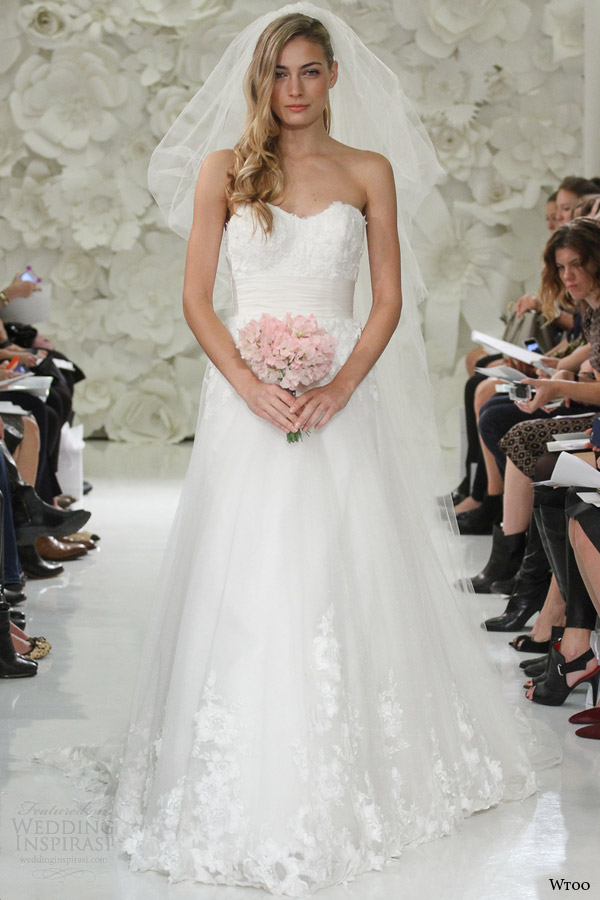 wtoo watters bridal spring 2015 nadine strapless ball gown wedding dress three dimensional flowers appliques