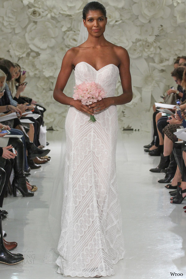 wtoo watters spring 2015 gia strapless a line wedding dress rose gold geometric lace