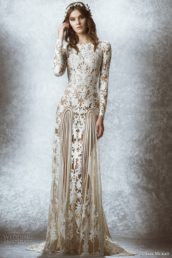 zuhair murad bridal fall 2015 wedding dress bateau neckline long sleeves leaf floral embroidered illusion sheath gown style mauriane