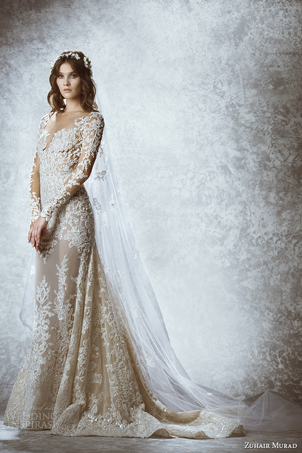 zuhair murad bridal fall 2015 wedding dress illusion lace long sleeves plunging neckline flora embroidery a line gown style malie