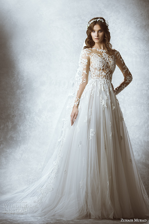 zuhair murad bridal fall 2015 wedding dress long sleeve sheer lace floral embroidered bodice a line gown style marine