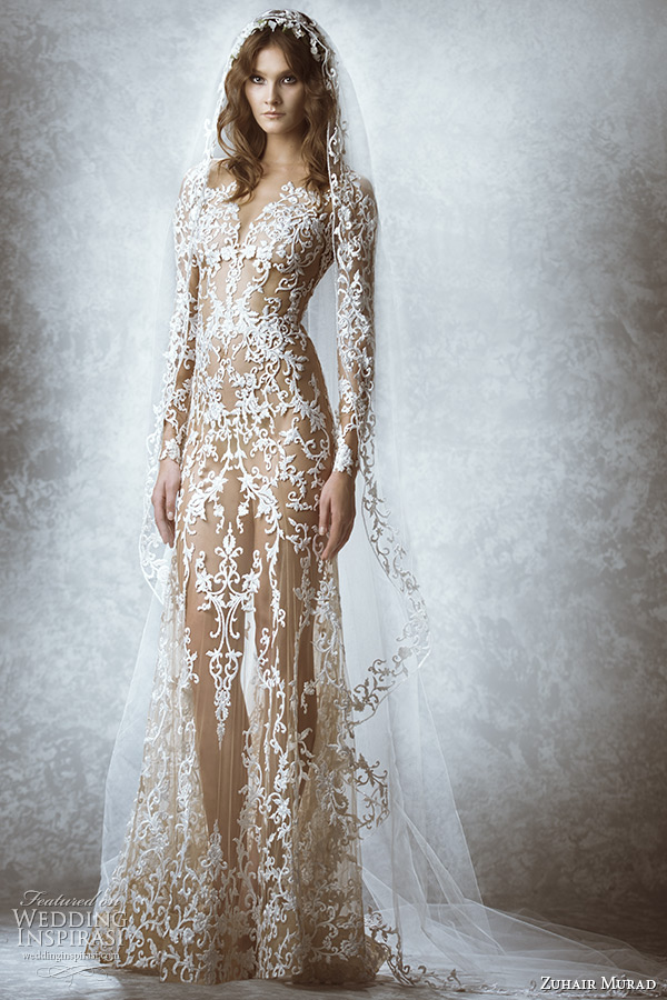 zuhair murad bridal fall 2015 wedding dress long sleeves sweetheart plunging neckline leaf floral embroidery illusion sheath gown with veil style Melodie