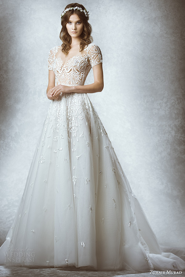 zuhair murad bridal fall 2015 wedding dress short sleeves sweetheart neckline bustier corset bodice a line gown style macy