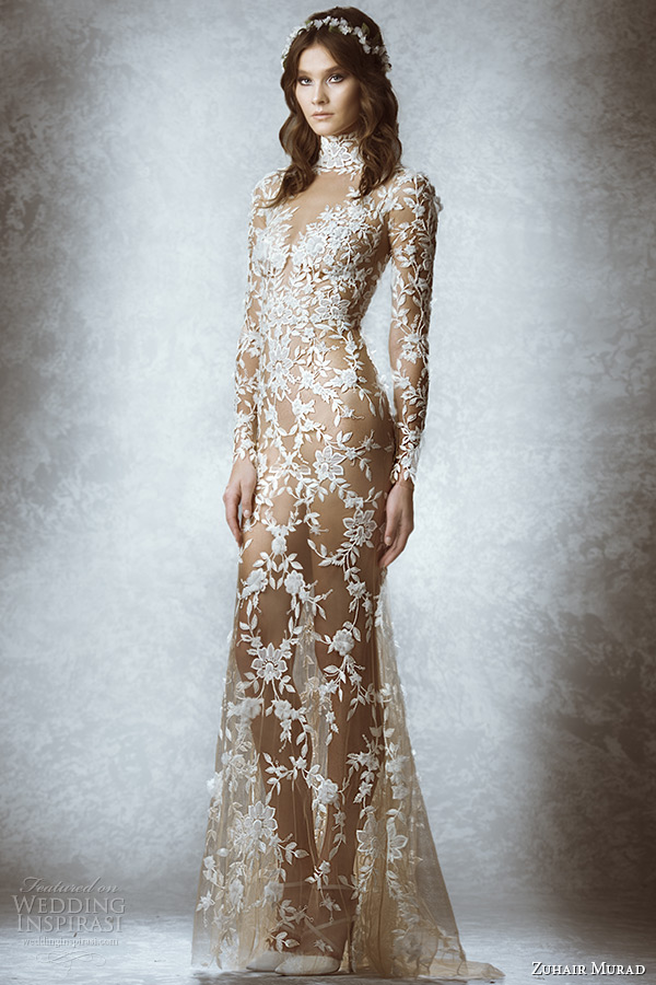 zuhair murad bridal fall 2015 wedding dress turtle neck long sleeves leaf floral embroidery illusion sheath gown style melissa