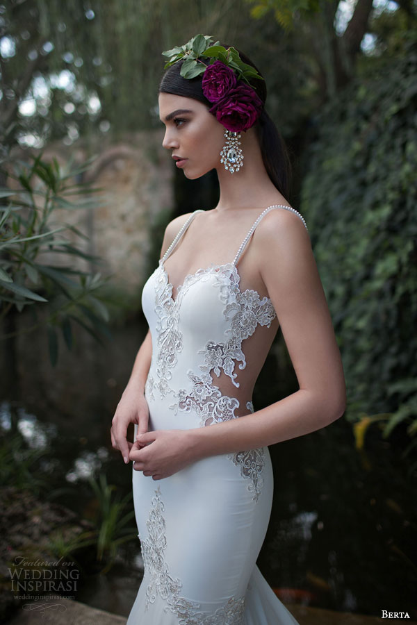 berta 2015 bridal stunning sheath wedding dress beaded straps lace bodice close up