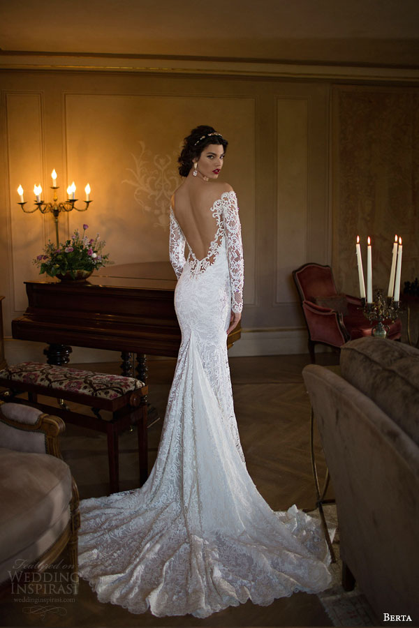 berta 2015 off shoulder illusion long sleeve trumpet sheath lace wedding dress back view train