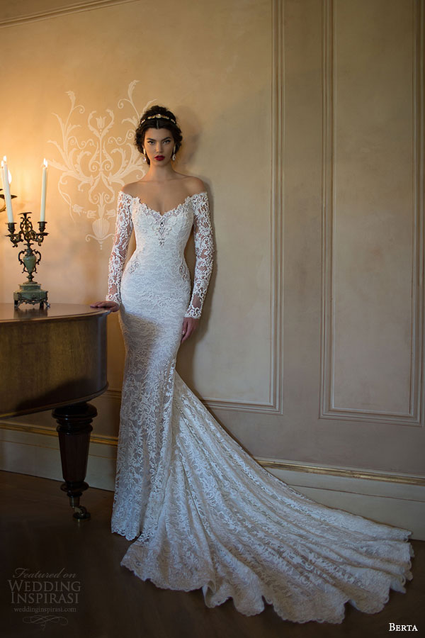 berta 2015 off shoulder illusion long sleeve trumpet sheath lace wedding dress