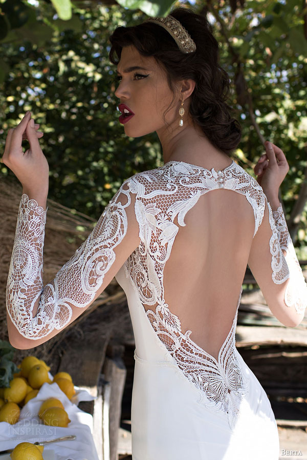 berta bridal 2015 beautiful illusion long sleeve wedding dress guipure lace bodice high neck close up back view