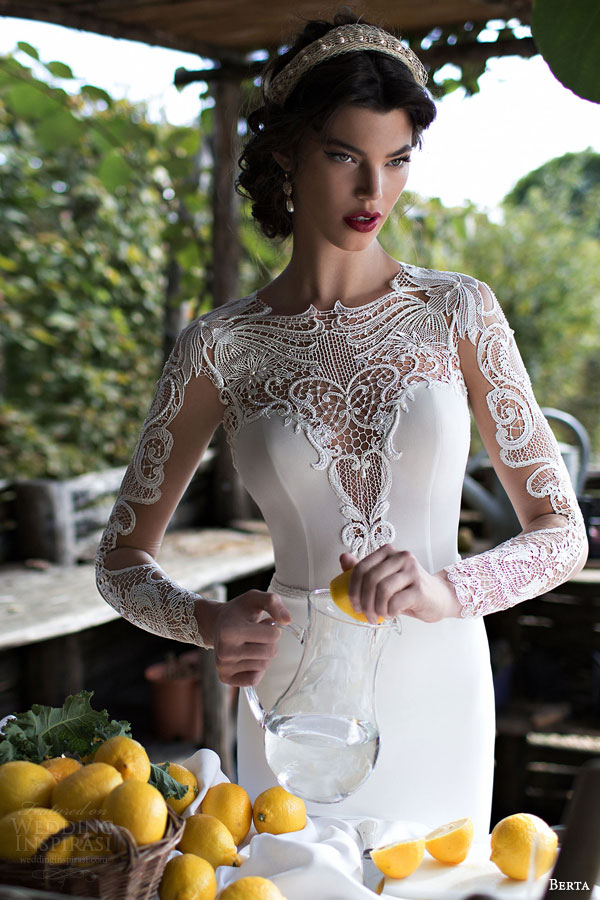 berta bridal 2015 beautiful illusion long sleeve wedding dress guipure lace bodice high neck close up