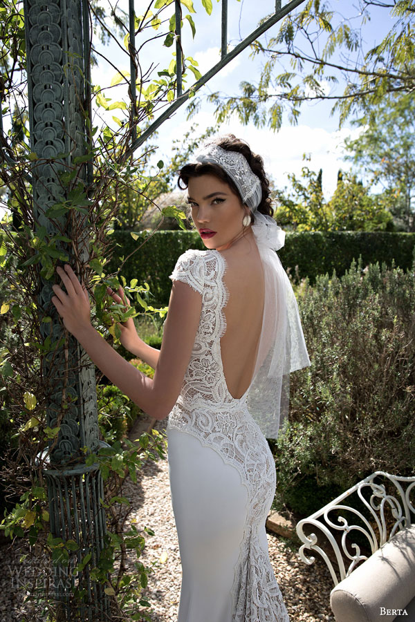 berta bridal 2015 beautiful lace cap sleeve wedding dress deep v neckline back view close up