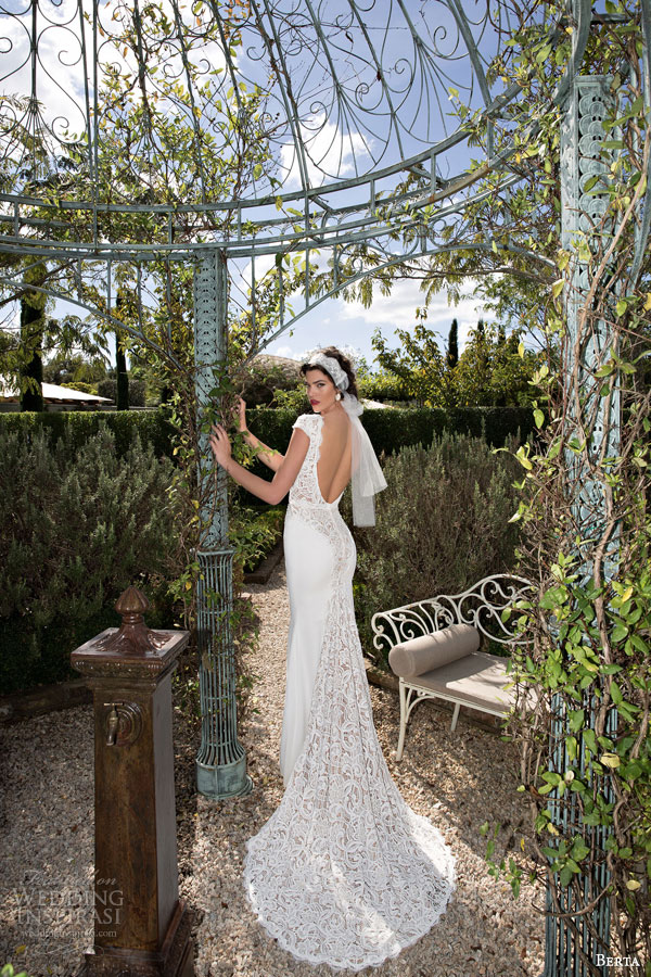 berta bridal 2015 beautiful lace cap sleeve wedding dress deep v neckline back view